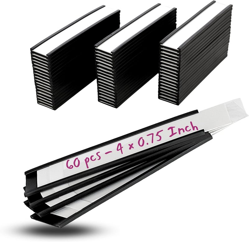 Availey. 60 Pack Magnetic 'C' Channel Label Holders for Metal Racks and Shelves with Protective Films and Replacement Strips 4" x 0.75" - Image 1